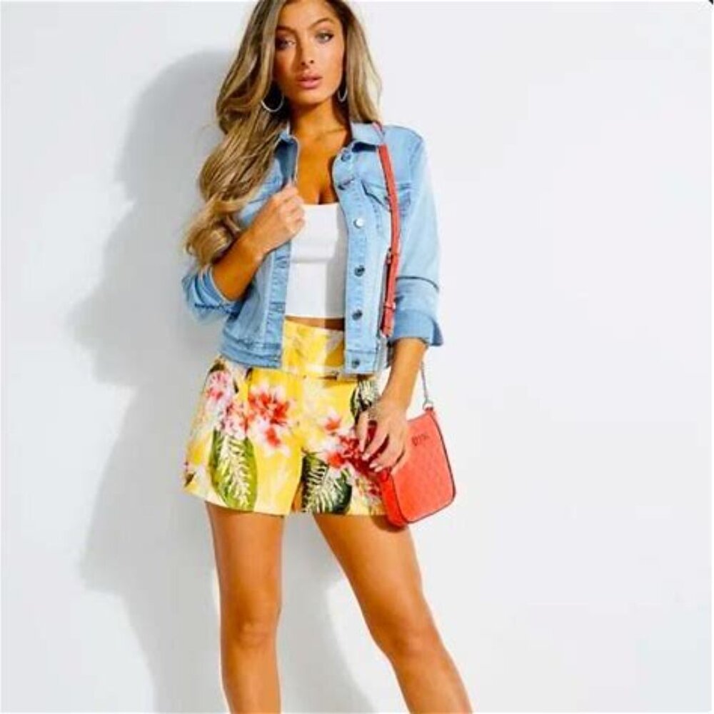 Guess Women's Yellow Green Floral Palm Print Shorts Small